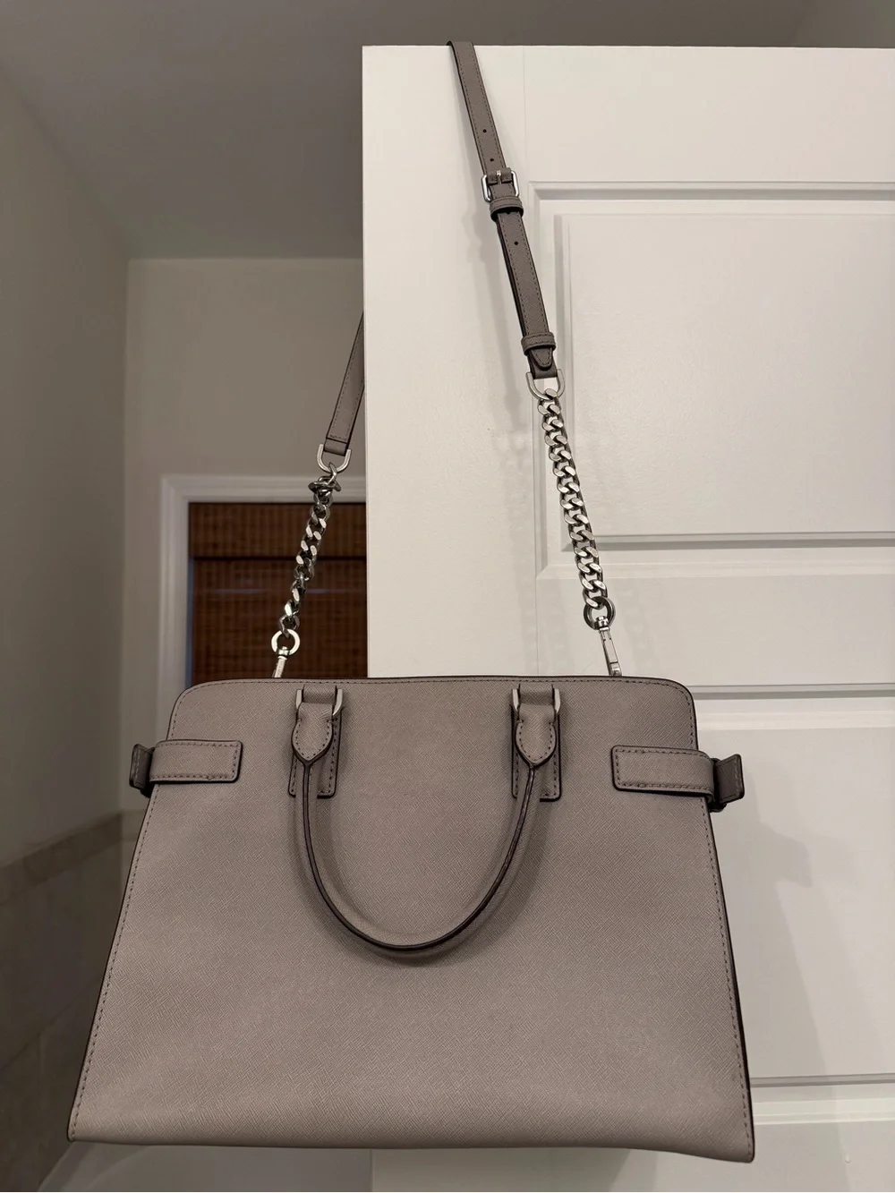 Michael Kors Taupe Leather Satchel with Silver Chain